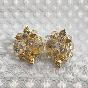 Vintage Signed VENDOME Screw Back Clip Crystal Cluster Gold Tone Earrings #636